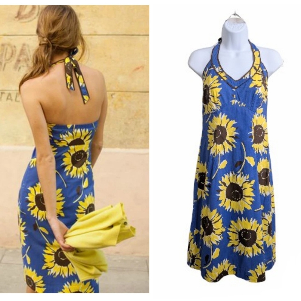Boden Cotton Blue Yellow Sunflowers Halter Dress Sleeveless Spring Summer 4L